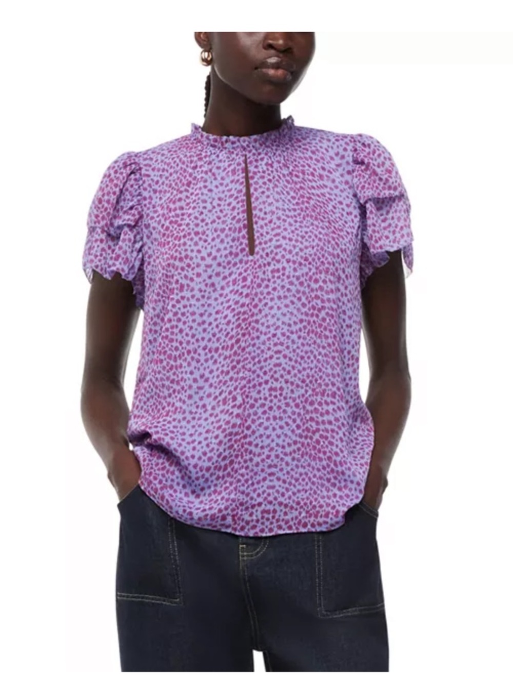 Whistles Sketched Cheetah Frill Sleeve Top